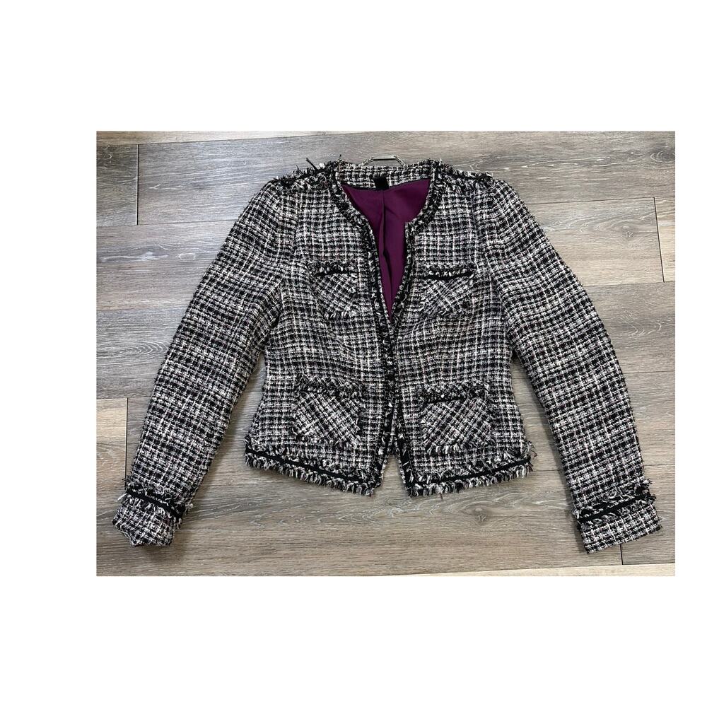 White House Black Market Tweed Jacket Fringe Trim Blazer Women 8